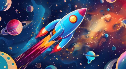 Wall Mural - a blue rocket is flying through space with planets and stars in the background. the image has a sens