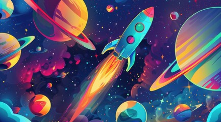 Wall Mural - a colorful space scene drawing with a rocket flying through it. the rocket is the main focus of the 