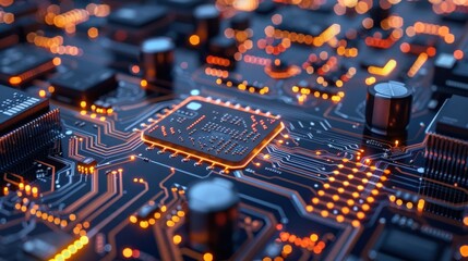 Wall Mural - A close up of a computer chip with a lot of orange lights