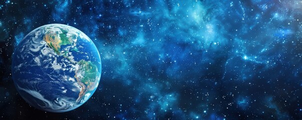 Wall Mural - a blue and white planet is in the middle of a starry sky. the planet is surrounded by a vast expanse
