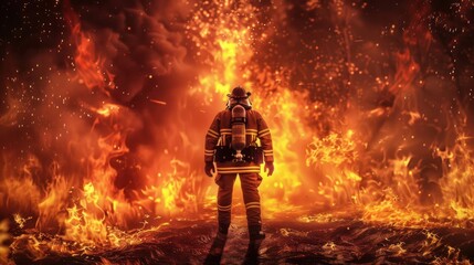 Back view of a firefighter standing strong against a backdrop of raging flames