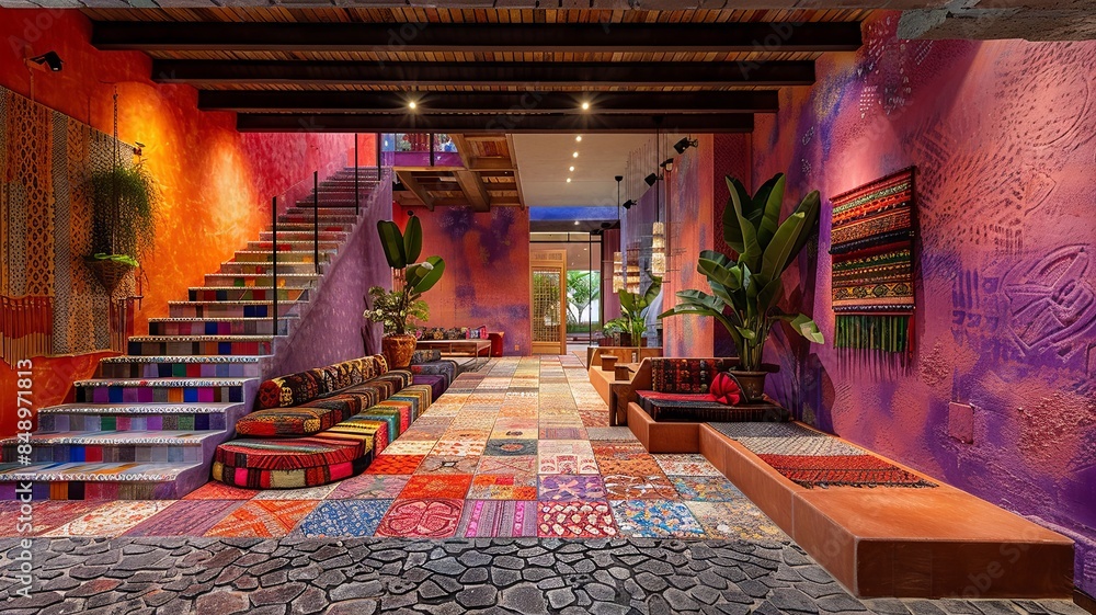 Colorful Interior Design with Patchwork Rugs and Stairs Stock ...