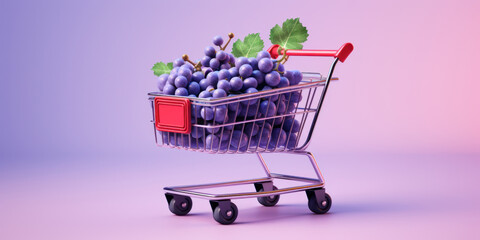 Wall Mural - Shopping Cart Overloaded With Grape Clusters On Purple Background. Wine Grape Shopping Concept. Generative AI