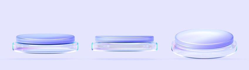 Canvas Print - Glass transparent round stand podium 3d render icon set. Hologram iridescent crystal pedestal for product display. Abstract circle platform, stage mockup isolated on blue background. 3D illustration