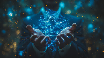 Wall Mural - a man is holding a blue lock in his hands. the lock is surrounded by a blue background and he is glo