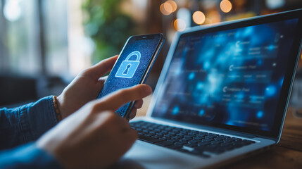 Wall Mural - a person is holding a cell phone and laptop