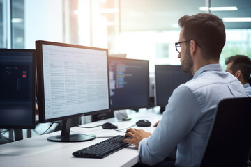 Wall Mural - Man at computer, software developer working on coding script or cyber security in bright modern office	