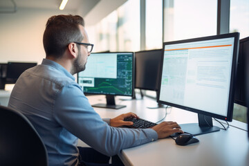 Wall Mural - man at computer, software developer working on coding script or cyber security in bright modern offi