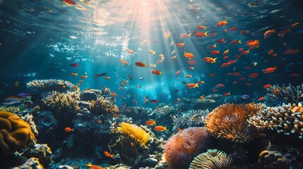 Poster - Vibrant Coral Reef Teeming with Colorful Marine Life and Sunlight Filtering Through Turquoise Water