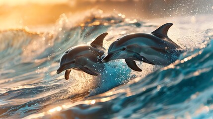 Wall Mural - Playful Dolphins Leaping Through Turquoise Waves Creating Splashes and Rainbows in the Sunlit Ocean