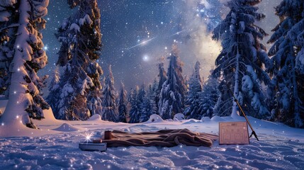 Wall Mural - A cozy setup in a snowy forest clearing, with a blanket, star chart, and laser pointer, providing a magical atmosphere for identifying constellations 
