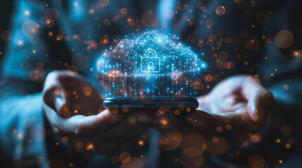 Wall Mural - A person is holding a cell phone with a blue cloud and a lock on it. Concept of security and protection, as the lock symbolizes the device's ability to keep information safe