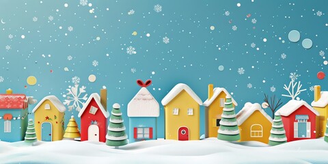 3d, a greeting card with houses and trees in the snow, colorful cartoon illustration of smiling characters, bold lines, simple shapes, flat design, textured illustrations, Christmas theme,