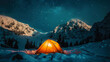 © boxstock production - View of snowy mountains with bright orange camping tent in night scene with starry sky