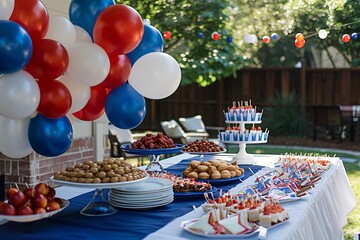 Wall Mural - Outdoor fourth of july celebration with a patriotic red, white, and blue buffet spread