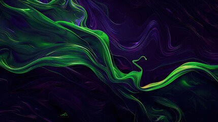 Wall Mural - A dark background featuring a sleek green fluid pattern that twists through a sea of deep purple, adding a mysterious aura to the minimalistic design.