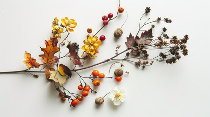 Canvas Print - Autumn arrangement Viburnum berries dried twigs fall acorn and flowers on a white backdrop Flat lay perspective from above