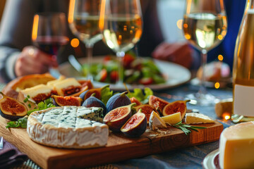 Wall Mural - Friends having a wine tasting party in a rustic winery, with varieties of cheeses and figs on a beautifully decorated table