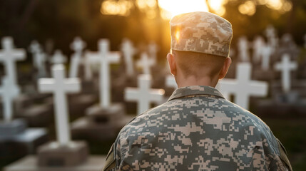 A young soldier in a military cemetery looks at the graves against the backdrop of a beautiful sunset.