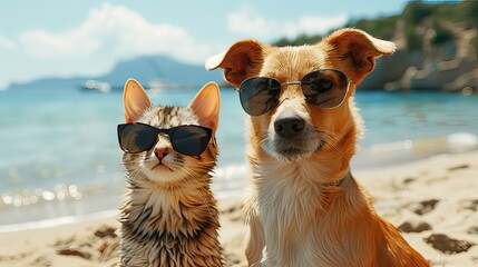 Dog in sunglasses and cat on beach, summer, created with Generative AI technology