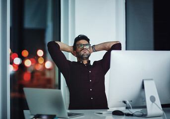 Canvas Print - Business man, night and stress on computer of programming burnout, deadline or online project mistake. Tired web designer or programmer with arms behind head, angry and frustrated for software update