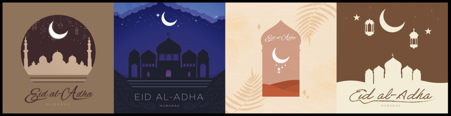 Paper origami and minimalist Islamic Holiday Vector Illustration Set. Eid el Adha Greeting Cards. Textured paper with crescent moon and mosque with religious elements. Minimalism.