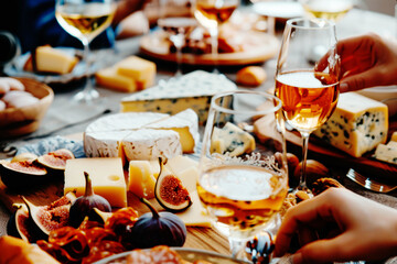 Wall Mural - Friends having a wine tasting party in a rustic winery, with varieties of cheeses and figs on a beautifully decorated table