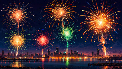 Wall Mural - fireworks on the river