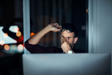 business man, night and headache on computer with programming burnout, deadline or project fatigue. 