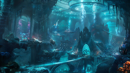 Wall Mural - A colorful underwater scene with a spaceship and a jellyfish