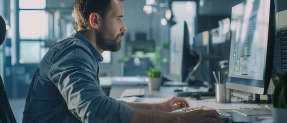 Wall Mural - a dedicated professional works intensely at a computer, surrounded by modern workspace elements, emp