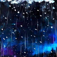 Wall Mural - Abstract winter night sky painting with rain and snow