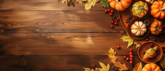 Wall Mural - Thanksgiving table with decorations and copy space
