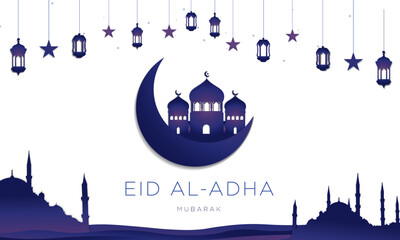 Wall Mural - Eid al Adha white and blue gradient banner. Vector Illustration. Paper cut out concept. Blue crescent moon with mosque and religious elements on background.