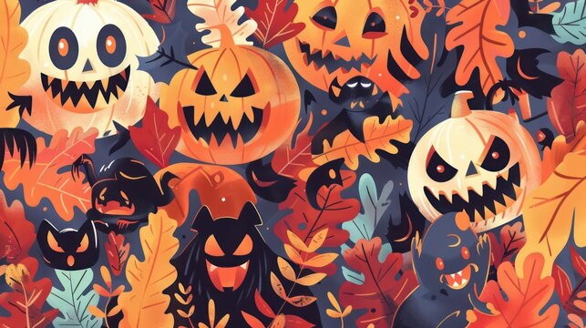 A whimsical Halloween background with friendly monsters, smiling pumpkins, and colorful autumn foliage