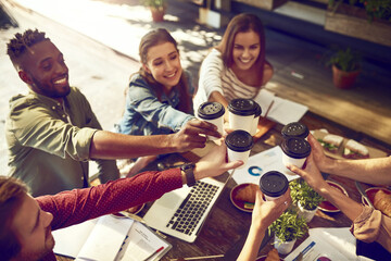 Poster - Business people, coffee and cheers with top view in cafe for celebration, company success and financial growth. Team, employees and work social with toast for sales target, data analysis and profit