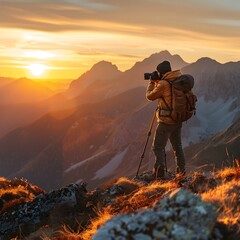 Poster - Hiker Capturing Stunning Mountain Sunrise with Light Illuminating Peaks