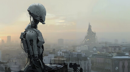 Canvas Print - A robot stands on a rooftop overlooking a city