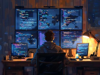 exhausted programmer staring at intricate coding on multiple screens in dimly lit workspace