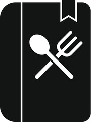 Sticker - Black cookbook icon featuring a bookmark and crossed cutlery, representing recipes and culinary arts