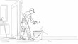 © Anat art - A continuous line drawing of a painter decorator repairman holding a paintbrush roller and painting a house wall. Generative AI