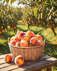 Wall Mural - Fresh ripe Peach in basket in the garden. Freshly harvested Peach nestled in a charming basket. This horizontal banner poster showcases the bounty of a fall garden with vibrant Peach.