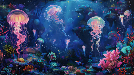 Wall Mural - A painting of a group of jellyfish in a blue ocean