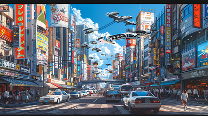 Wall Mural - A busy city street with many neon signs and people walking around