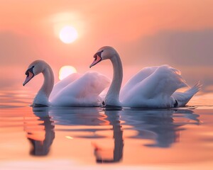 Poster - Graceful Swans Gliding on a Tranquil Lake at Dazzling Sunset with Shimmering Reflections