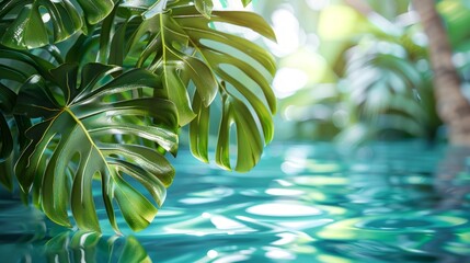 Wall Mural - Tropical Paradise: Lush Leaves Over Rippling Water