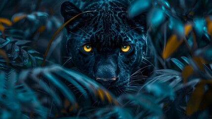 Wall Mural - Mysterious Black Panther Prowling Through Jungle at Night with Piercing Yellow Eyes