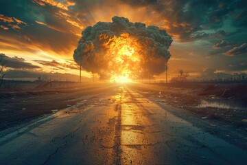A nuclear explosion in a rural field, with a road stretching into the distance. A billowing mushroom cloud rises above the horizon, engulfing the peaceful landscape.
