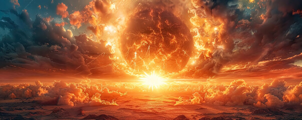 A nuclear explosion in a barren desert. A blinding flash of light accompanied by a tall mushroom cloud. The shock wave tears apart the sand, creating a wasteland of destruction.