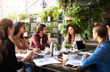 Poster - Creative, ideas and people in cafe for planning, strategy and online startup project development with teamwork. Collaboration, men and women in coffee shop with laptop, paperwork and design meeting
